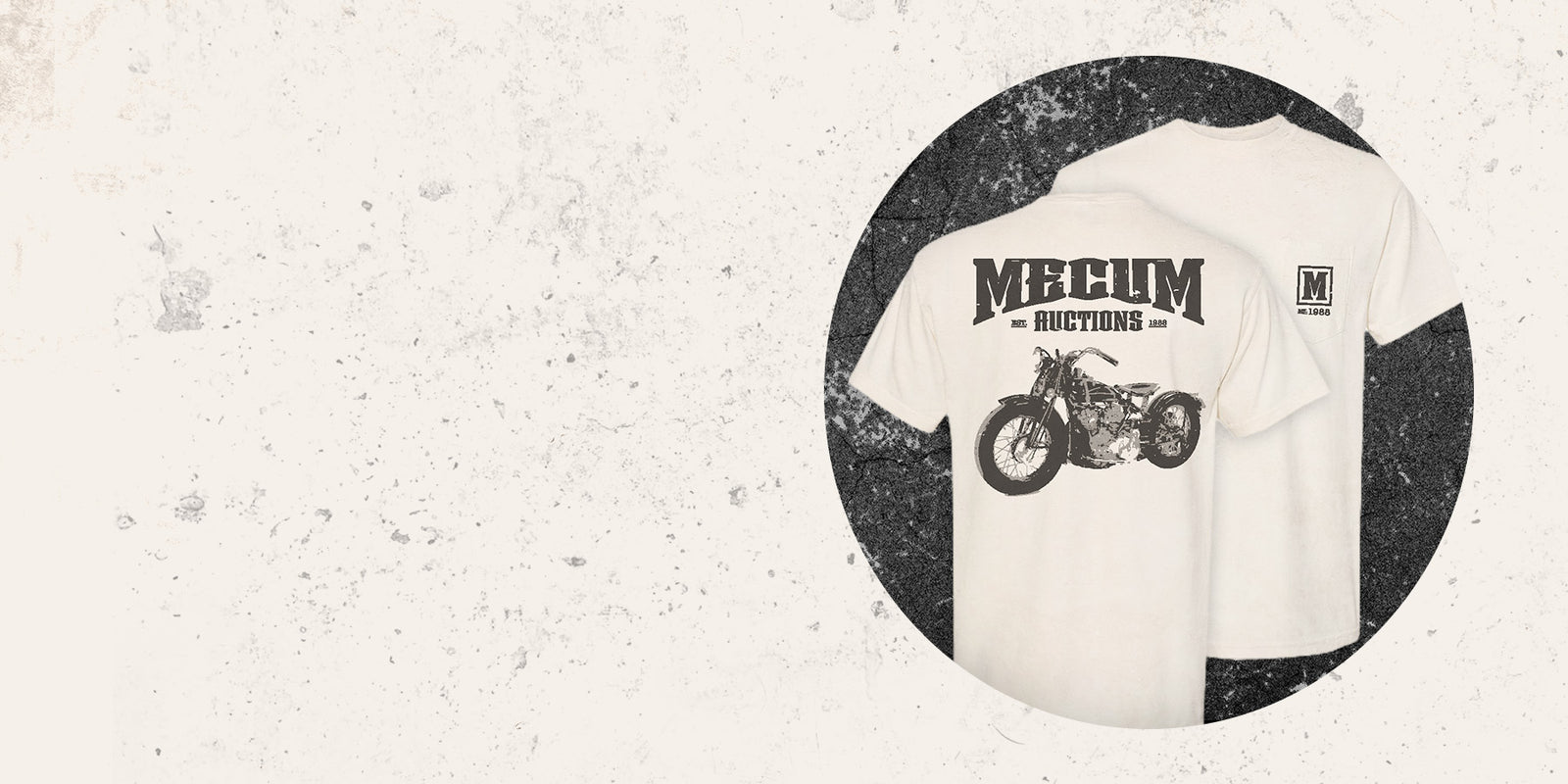 Mecum Auctions Motorcycle Shirt Back & Front Views On A Textured White and Black Background