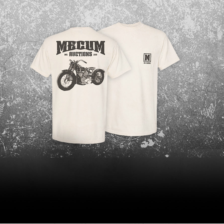 Mecum Auctions Motorcycle Shirt Back & Front Views On A Textured White and Black Background
