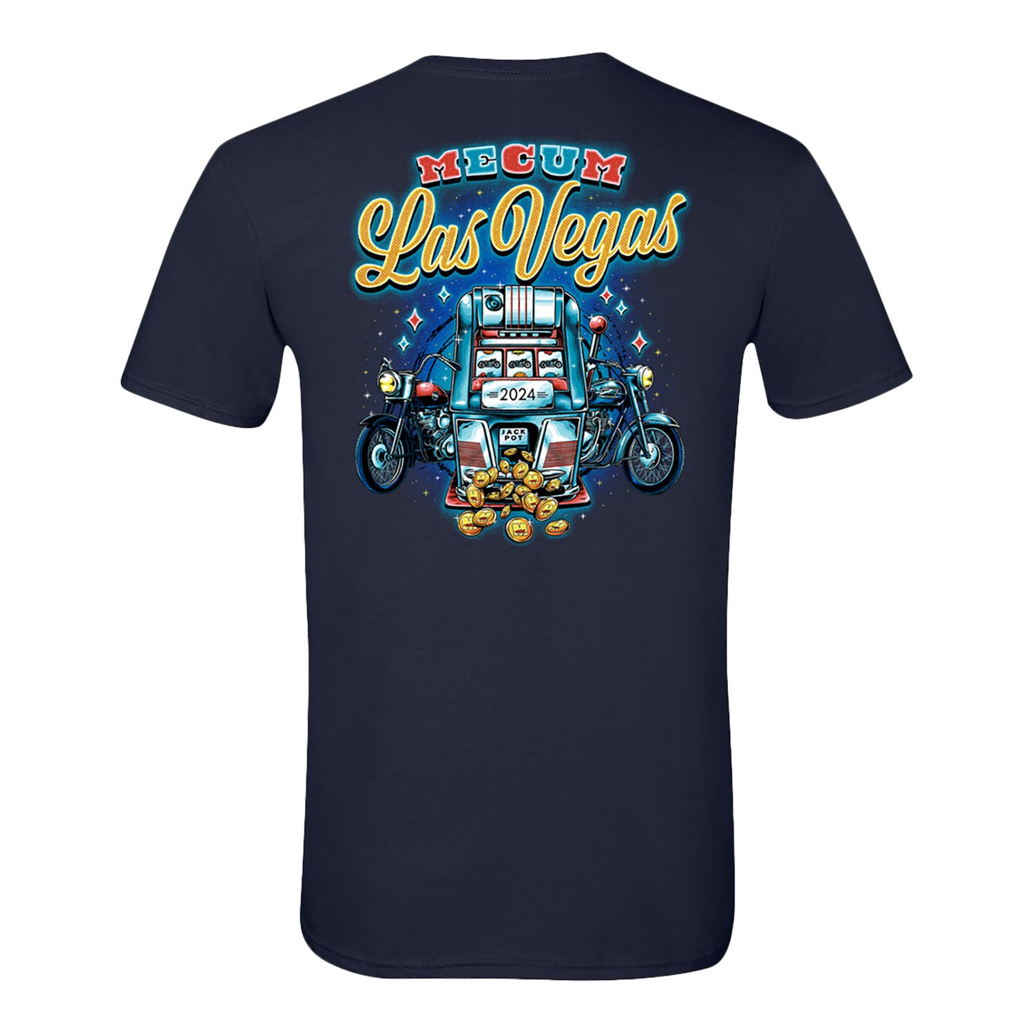 Mecum Auction Heather Navy Las Vegas Slot Machine T-Shirt - Back View
