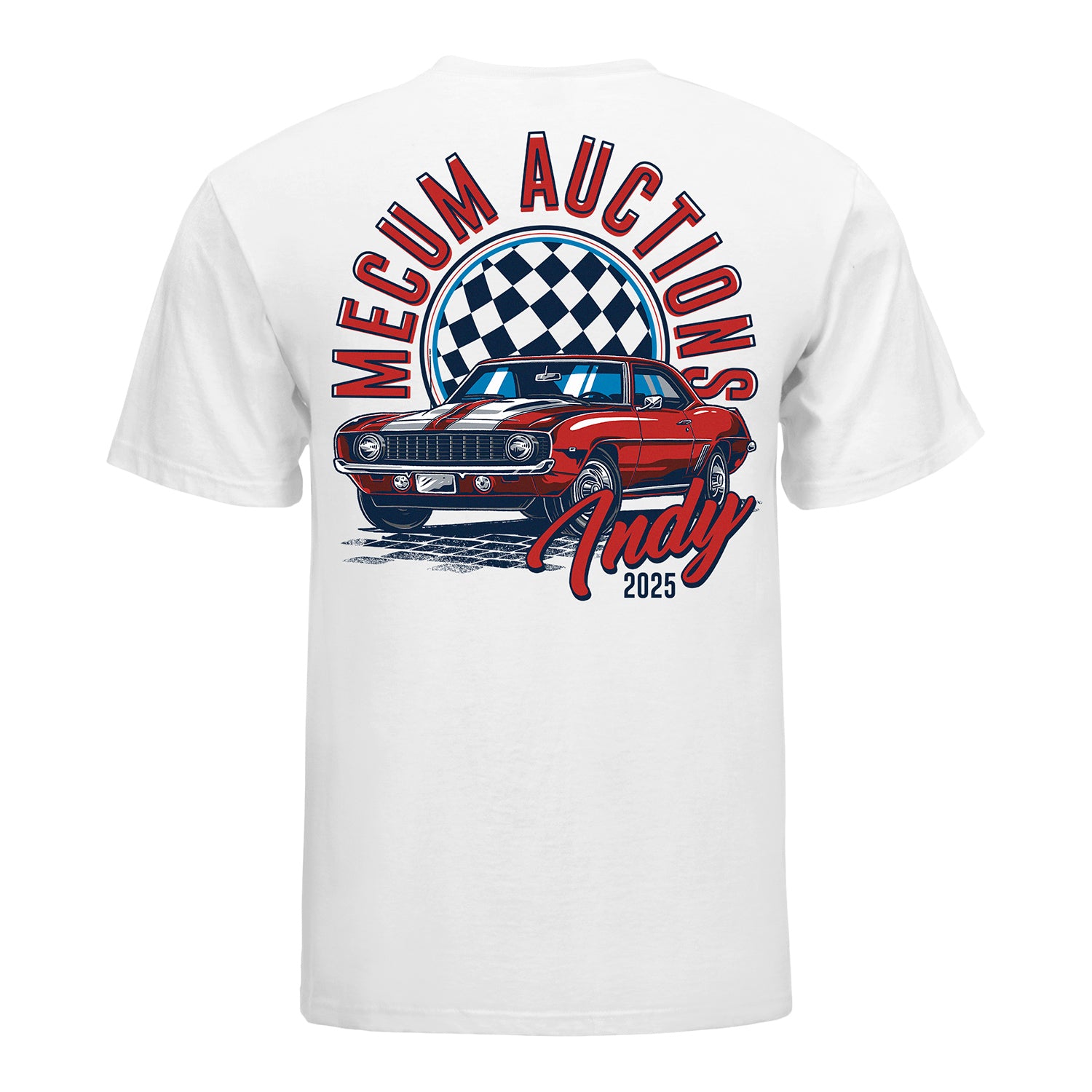 Mecum Auction White Checkered Indy Event T-Shirt - Back View