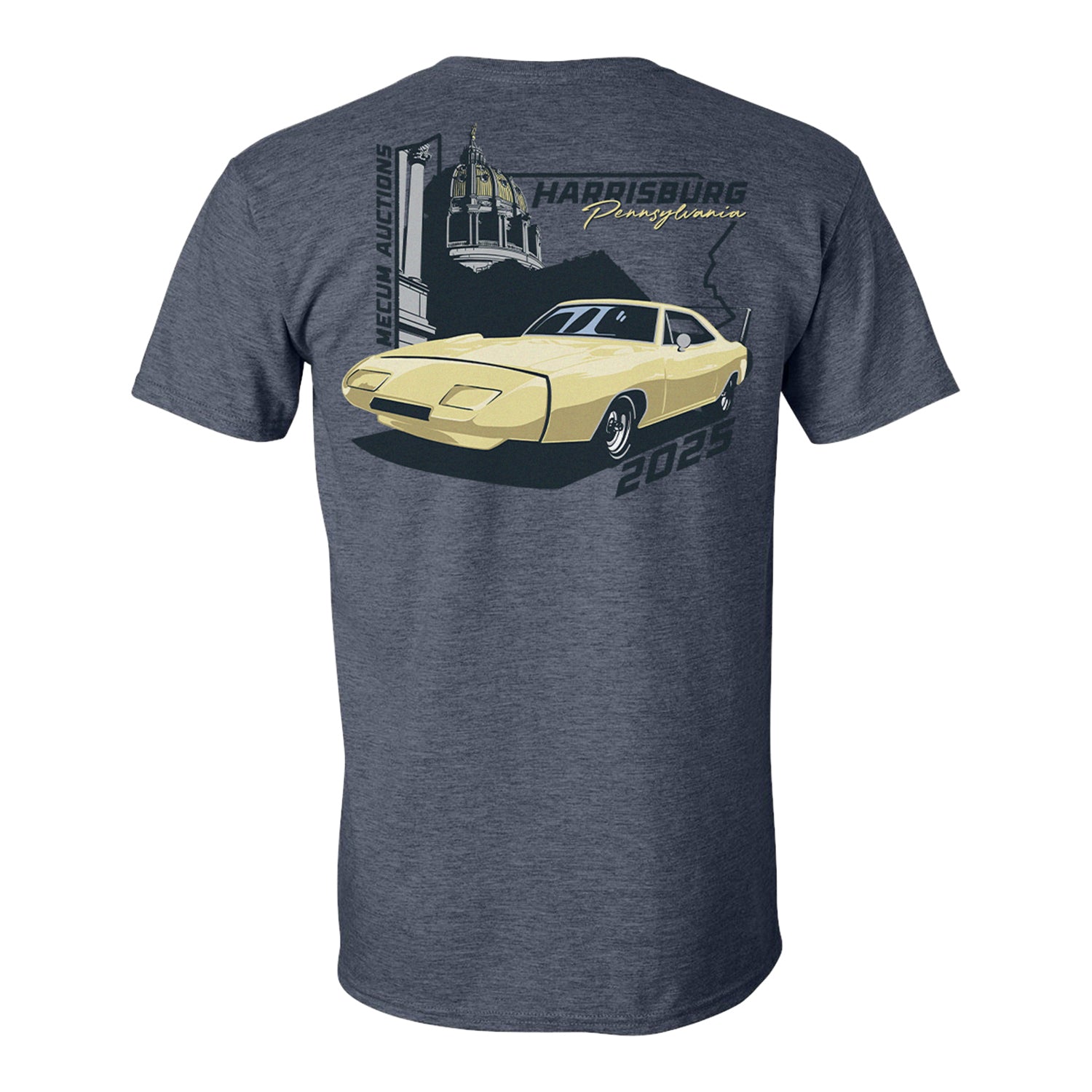 Mecum Auctions Heather Navy Dodge Daytona Harrisburg Event T-Shirt - Back View