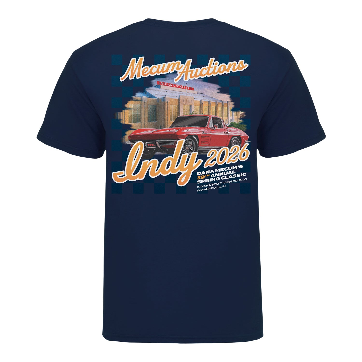 Dana Mecum's 39th Annual Spring Classics Indy 2026 T-Shirt in Navy - Back View