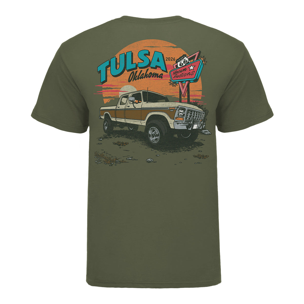 2026 Mecum Auctions Tulsa Event Tee in Green - Back View