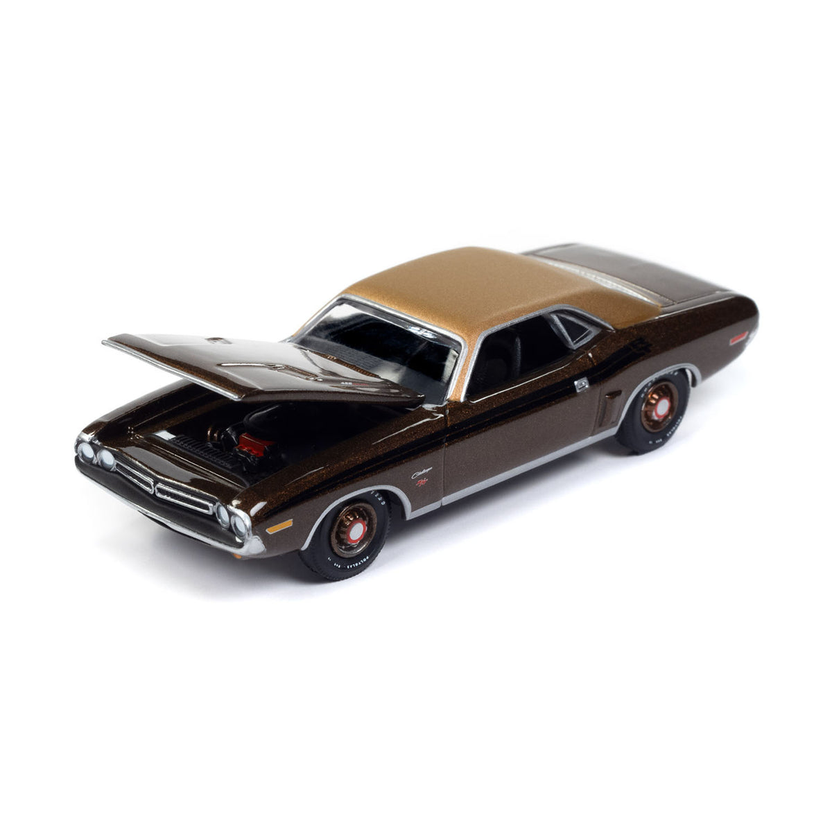 1971 Dodge Challenger R/T 1:64 Diecast in Brown - Angled Left Side Open Hood View