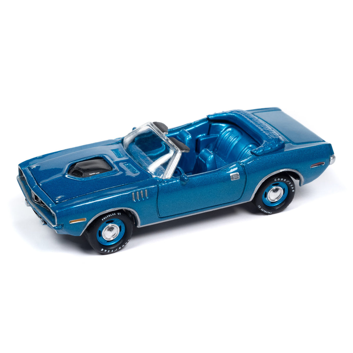 1971 Plymouth Cuda Convertible 1:64 Diecast in Blue - Angled Left Side View
