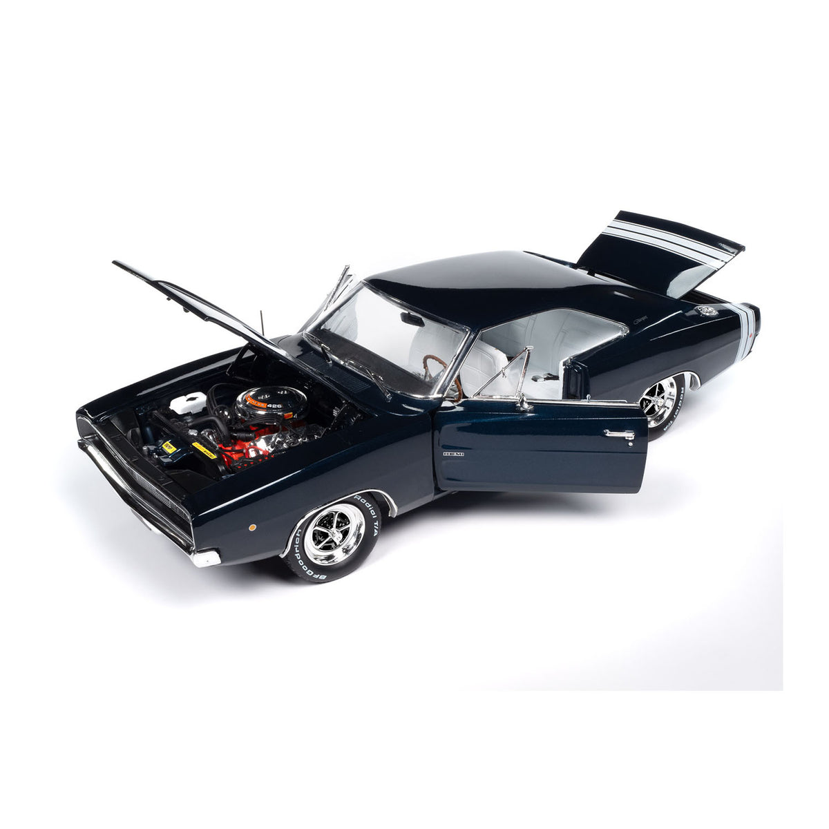 1968 Dodge Charger R/T 1:64 Diecast in Blue - Angled Left Side Hood, Doors, and Trunk Open View