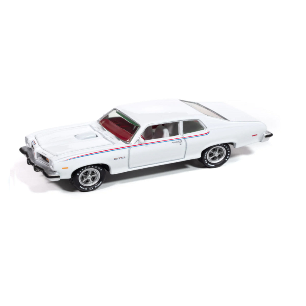 Mecum Auctions &#39;74 Pontiac GTO White 1:64 Diecast - Angled Left Side View