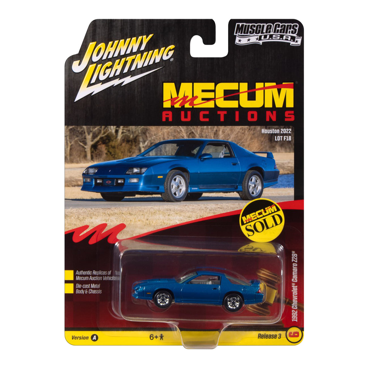 Mecum Auctions '92 Chevy Camaro Z28 Blue 1:64 Die-Cast - Package View