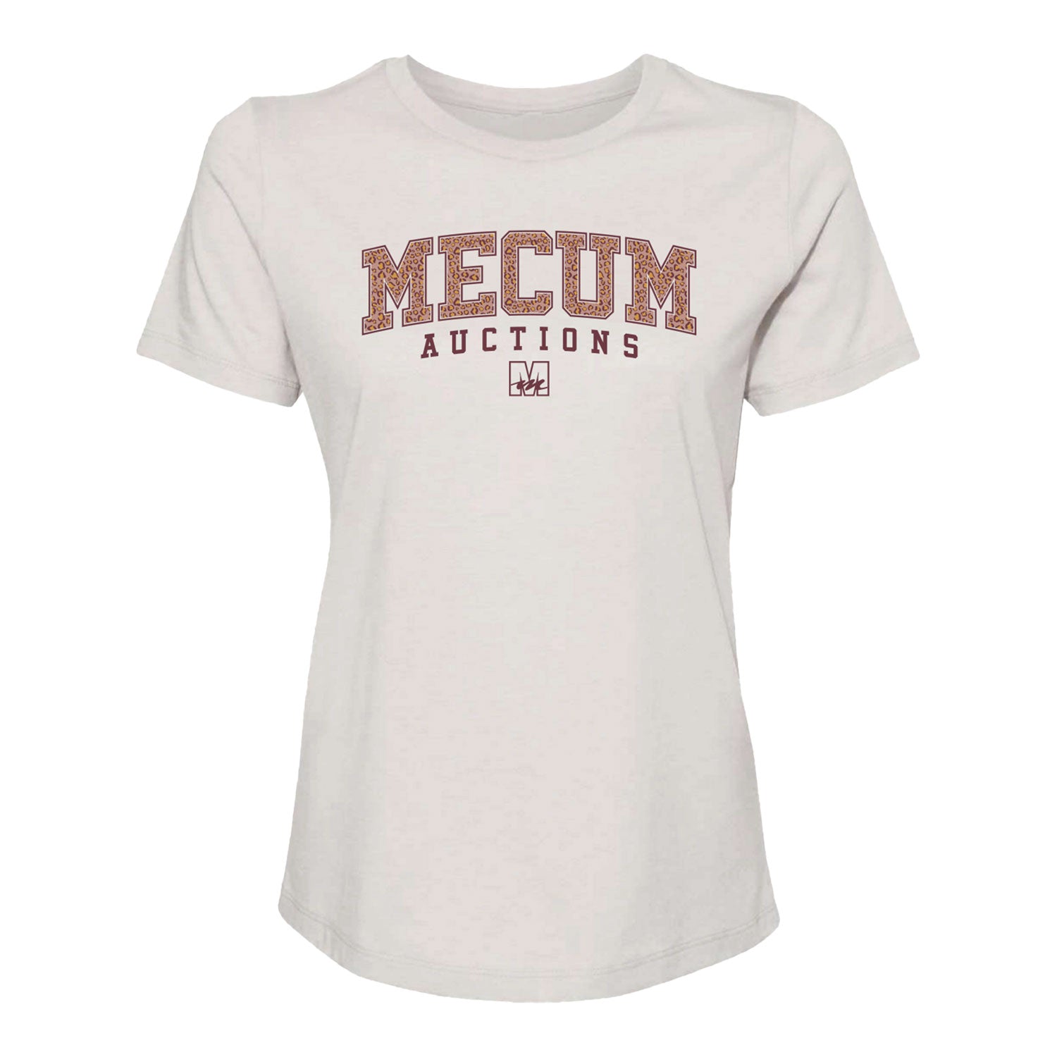 Mecum Auction Ladies Heather Cool Grey Cheeta Print T-Shirt in Tan - Front View