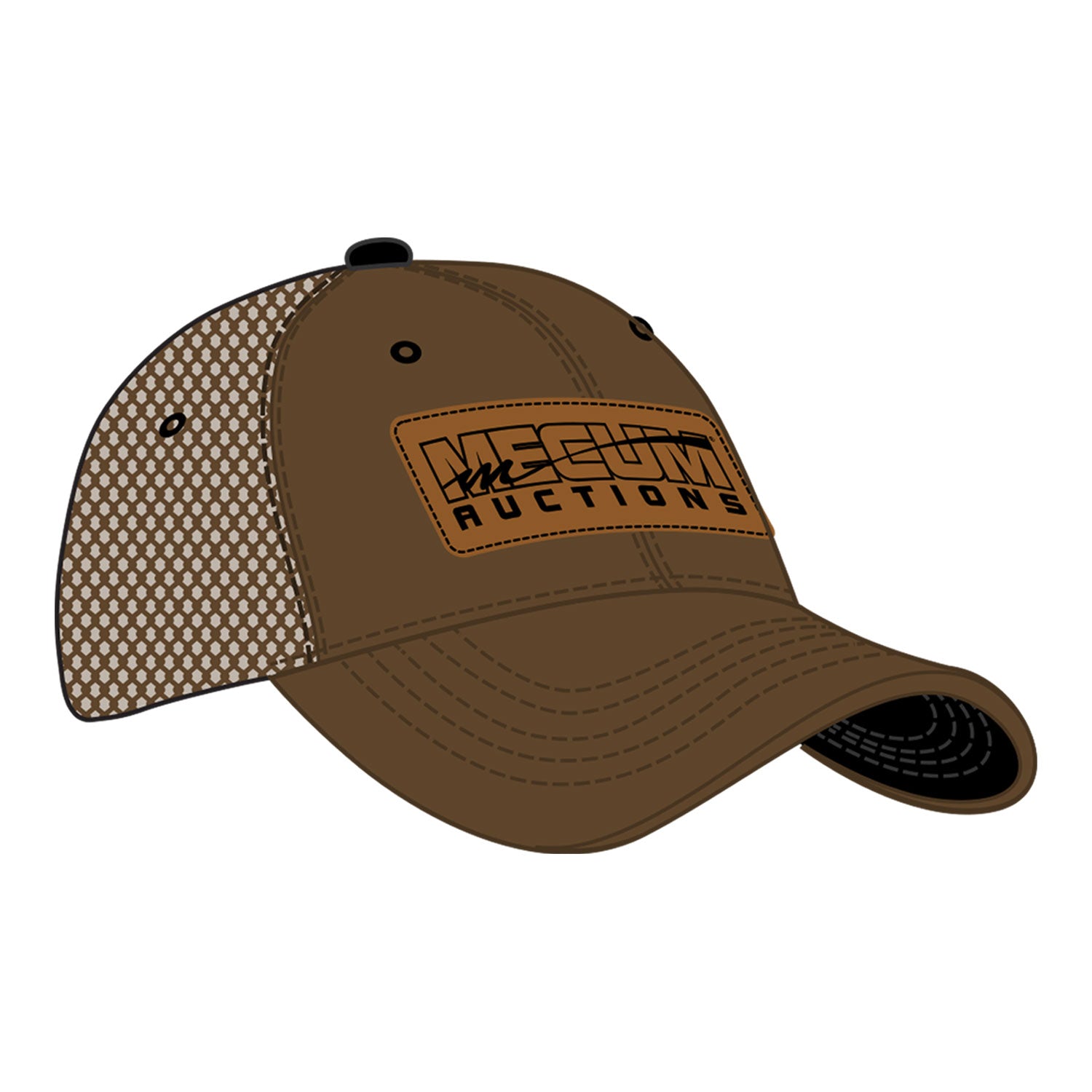 Mecum Auction Mens Leather Patch Hat in Brown - Angled Left Side View