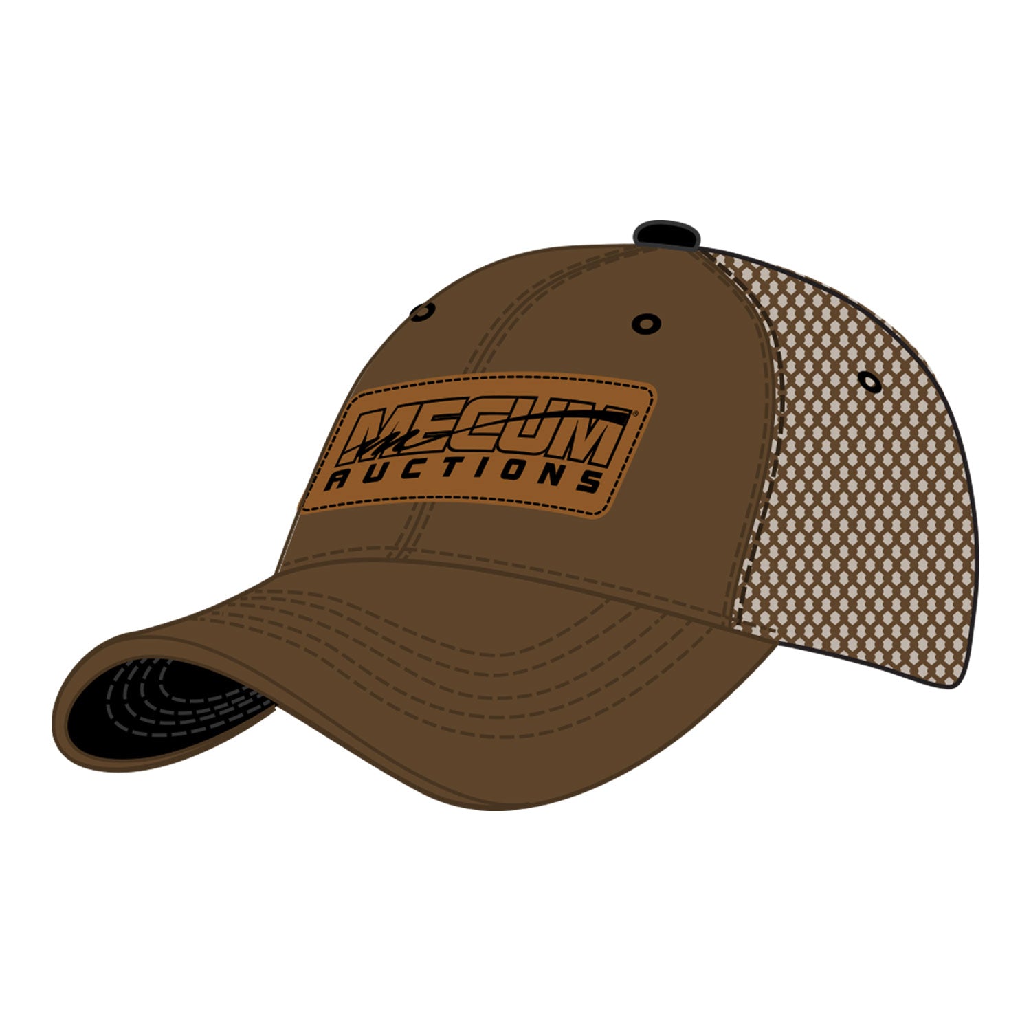 Mecum Auction Mens Leather Patch Hat in Brown - Angled Left Side View