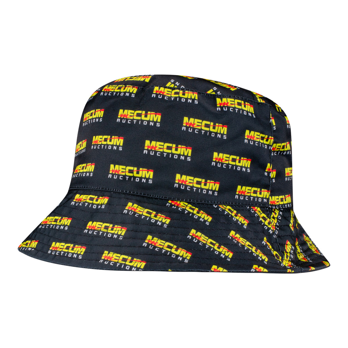 Mecum Auctions Reversible Bucket Hat - Black with Yellow Mecum Wordmark Logo - Angled Left Side View