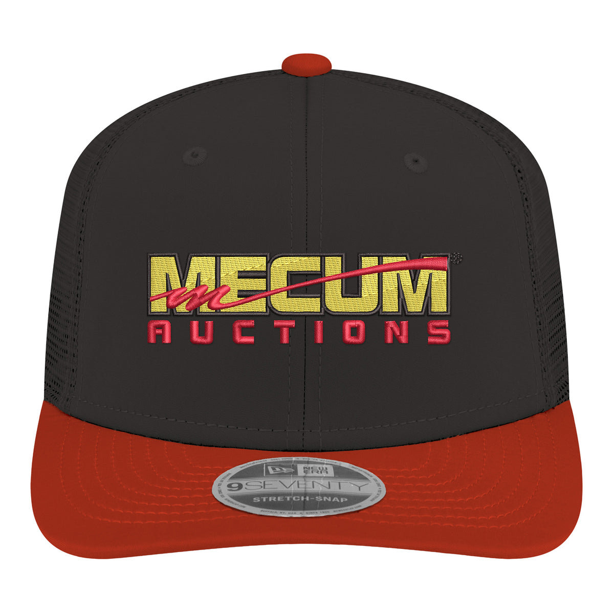 Mecum Auctions New Era 970SS Trucker Hat In Black, Red & Yellow - Front View