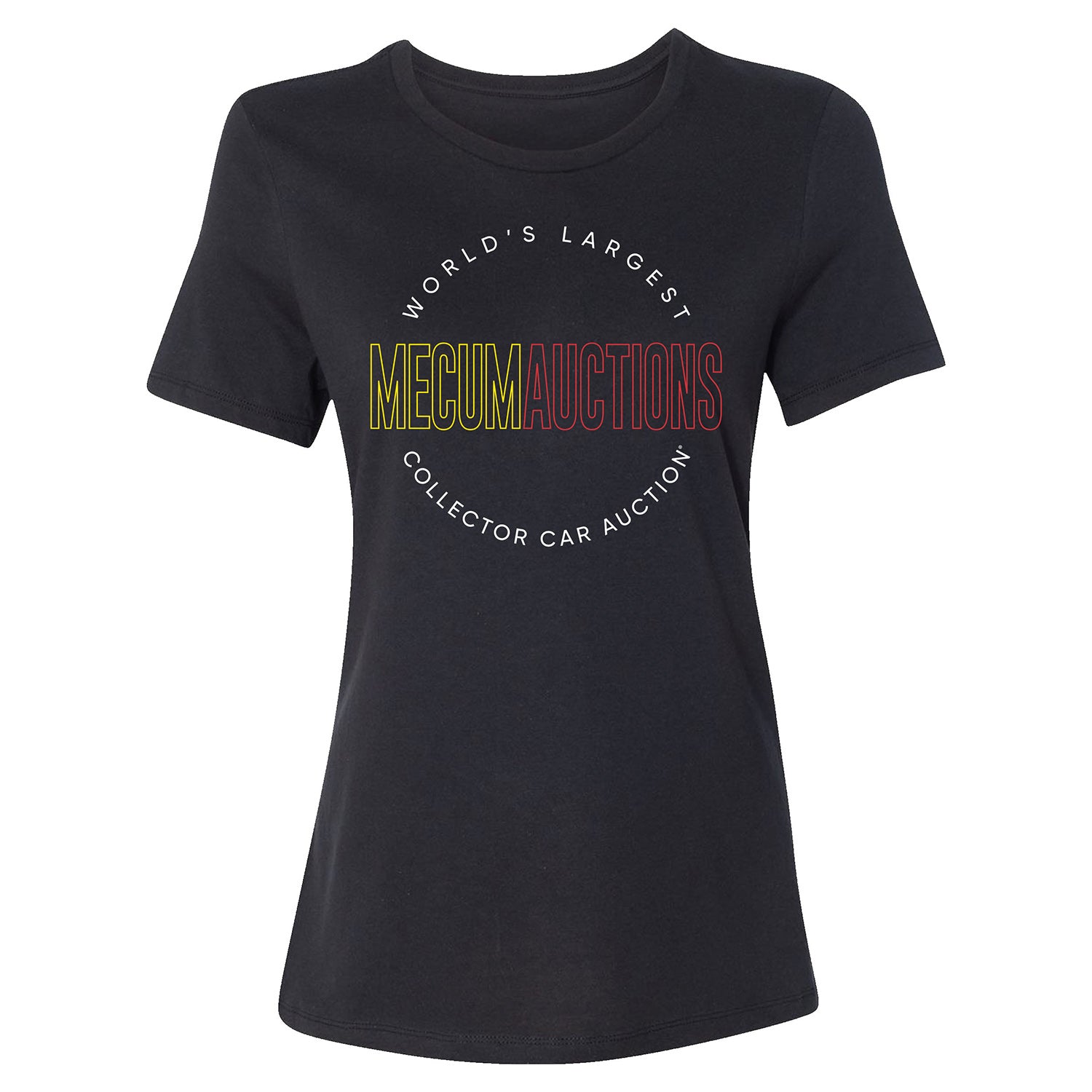 Mecum Auctions Ladies Black Circle Text T-Shirt - Front View