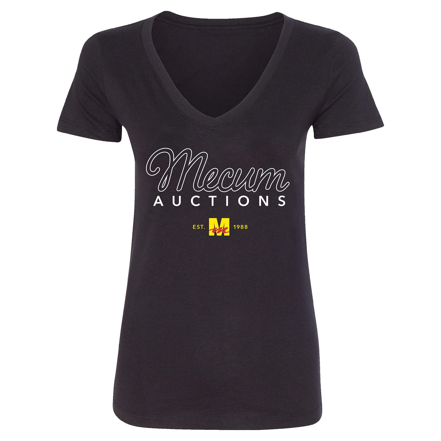 Mecum Auctions Ladies Black Script Text V Neck T-Shirt - Front View
