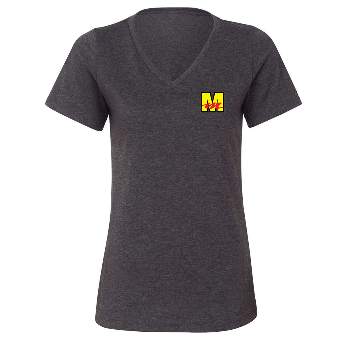 Mecum Auctions Ladies Dark Grey Heather Logo V Neck T-Shirt - Front View