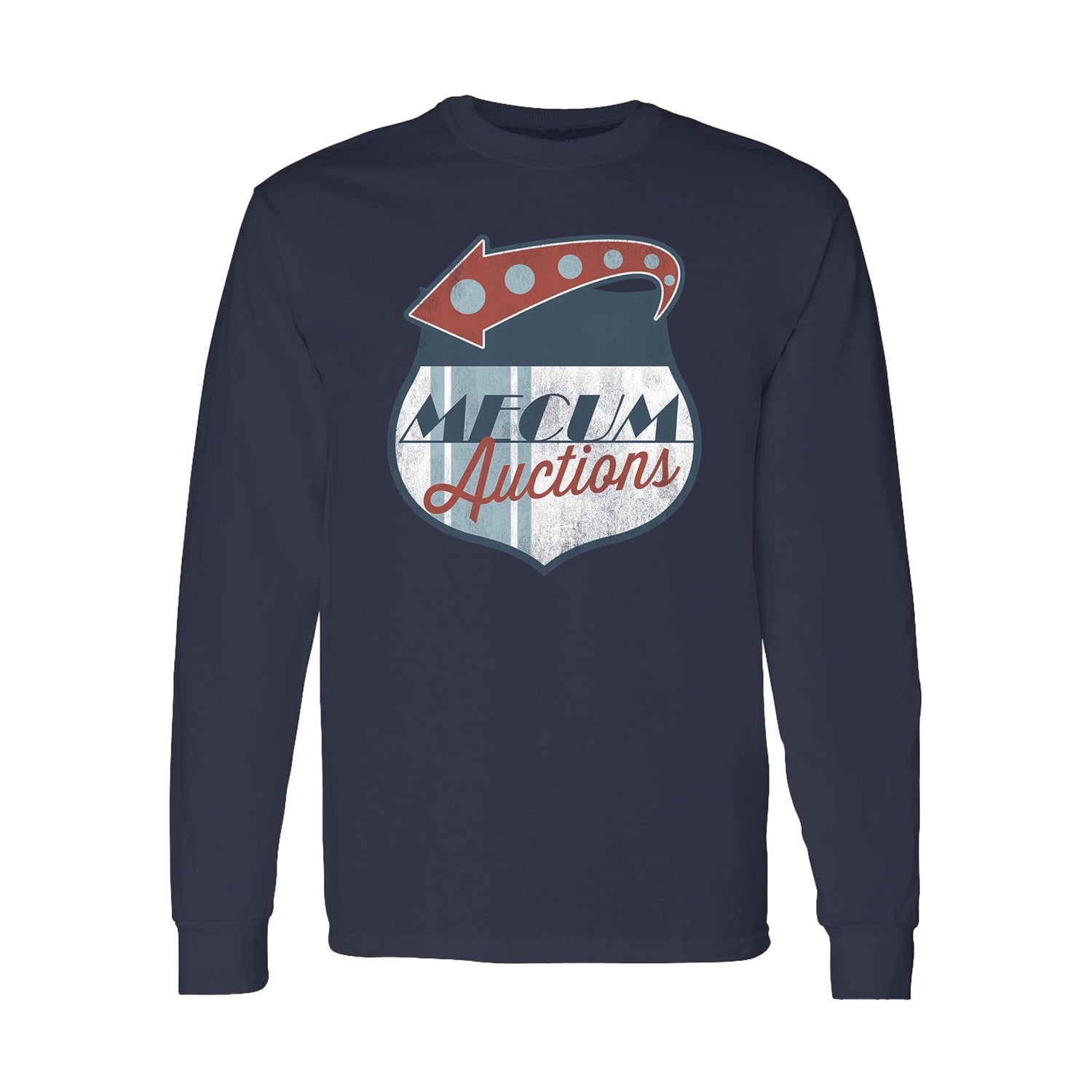 Mecum Auctions Navy Vintage Sign Long Sleeve T-Shirt - Front View