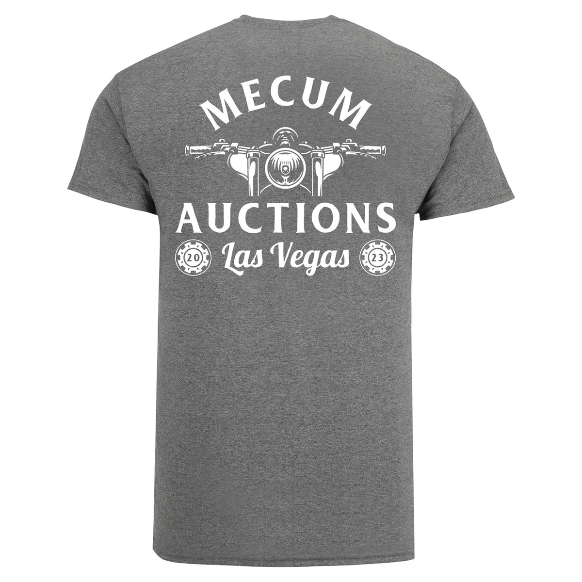 Mecum Auctions Las Vegas Grey Motorcycle M Block T-Shirt - Back View